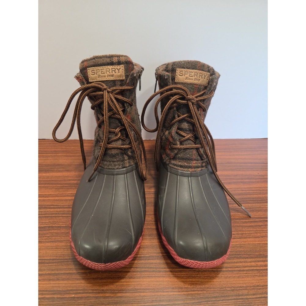 Sperry Boots Womens 8.5 M Saltwater Plaid Ankle Duck Boot STS95922 Brown Wool